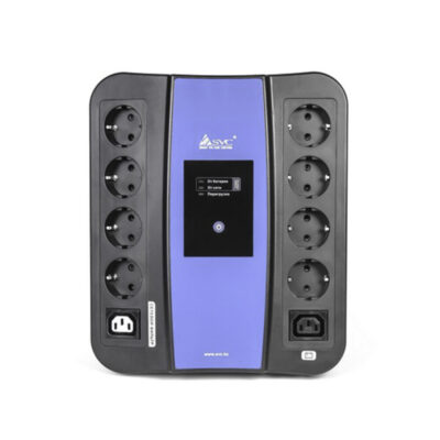 Источник бесперебойного питания SVC U-600, Smart, USB, Мощность 600ВА/360Вт, Диапазон работы AVR: 165-275В, AVR в режиме Booster: 138-292В, Бат.: 12В/7,5 Ач., 8 вых.: Shuko CEE7(4 с работой от батареи,4 сетевой фильтр), 2 вых.: IEC C13, Защита тел. линии, USB 5В/2А*2 шт., Чёрно-синий