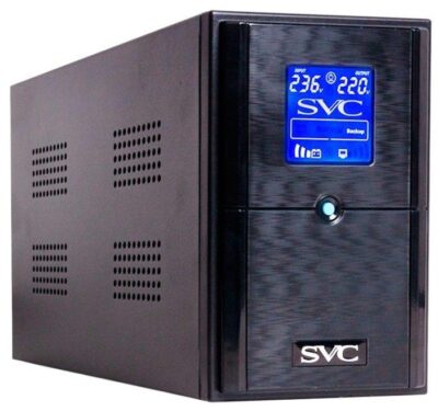 Источник бесперебойного питания SVC V-1500-F-LCD, Smart, USB, Мощность 1500ВА/900Вт, Диапазон работы AVR: 165-275В, Бат.: 12В/9 Ач*2шт., 3 вых.: Shuko CEE7, Защита тел. линии, Чёрный