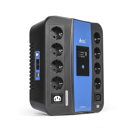 Источник бесперебойного питания SVC U-1000, Smart, USB, Мощность 1000ВА/600Вт, Диапазон работы AVR: 165-275В, Бат.: 12В/9 Ач., 8 вых.: Shuko CEE7(4 с работой от батареи,4 сетевой фильтр), 2 вых.: IEC C13, Защита тел. линии, USB 5В/2А*2 шт., Чёрно-синий