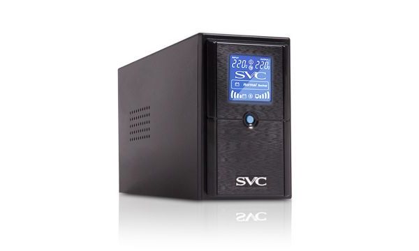 Источник бесперебойного питания SVC V-650-L-LCD, Мощность 650ВА/390Вт, Диапазон работы AVR: 165-275В, AVR в режиме Booster: 138-292В, Бат.: 12В/7,5 Ач*1шт., 3 вых.: 2 Shuko CEE7+1 IEC C13 (Bypass), Чёрный