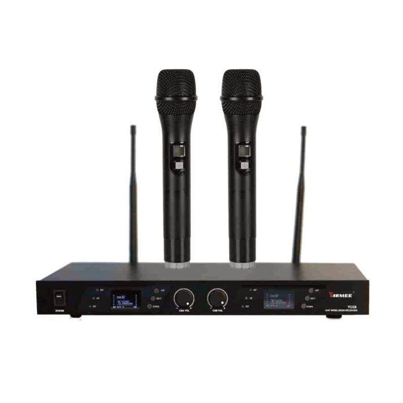 YARMEE YU25 Комплект: 2 беспроводных ручных UHF микрофона и 2-канальный центральный блок; питание: 2*АА; выходы: 2*XLR, 1*mix Jack