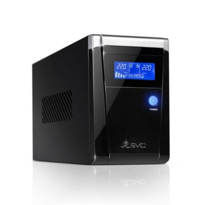 Источник бесперебойного питания SVC V-800-F-LCD, Smart, USB, Мощность 800ВА/480Вт, Диапазон работы AVR: 165-275В, Бат.: 12В/9 Ач*1шт., 3 вых.: 2 Shuko CEE7+1 IEC C13 (Bypass), Защита тел. линии, Чёрный