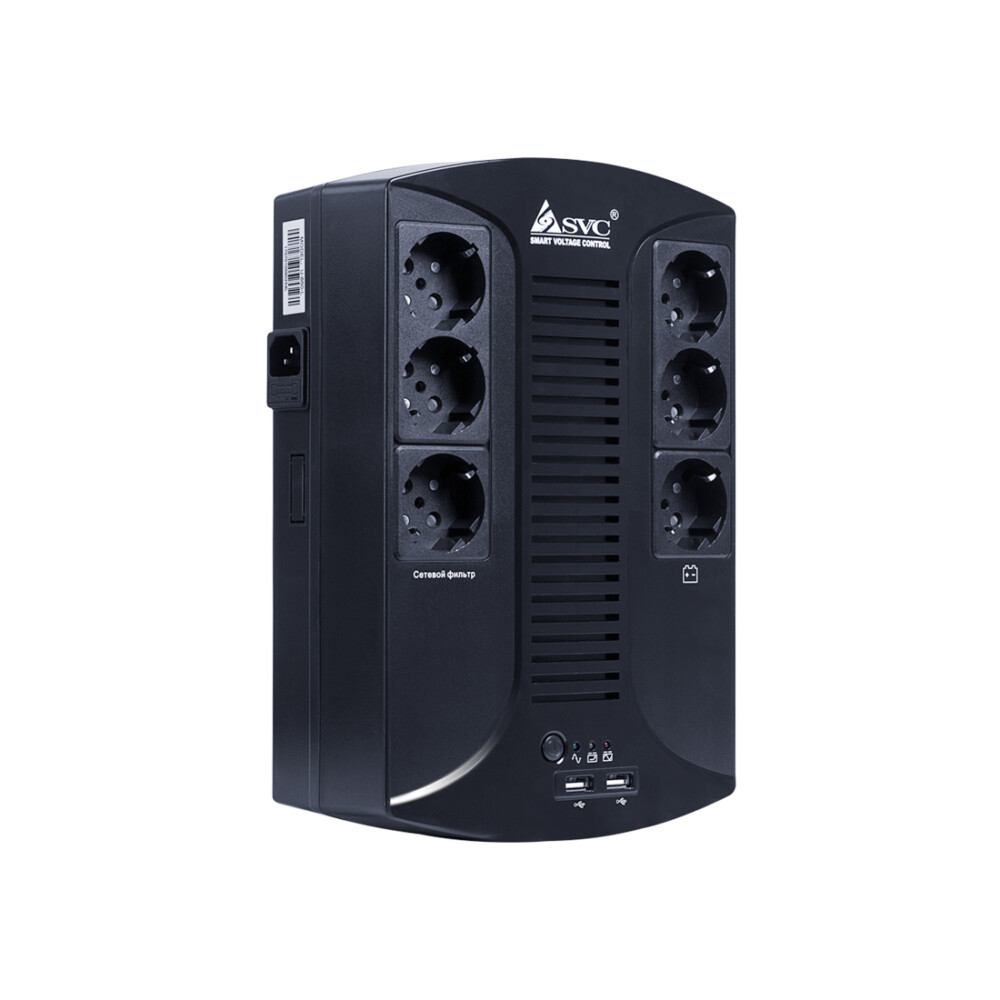 Источник бесперебойного питания SVC U-650-L, Smart, USB, Диапазон работы AVR: 145-290В, Бат.: 12В/7 Ач., 6 вых.: Shuko CEE7(3 с работой от батареи, 3 сетевой фильтр), USB 5В/2А*2 шт., Чёрный