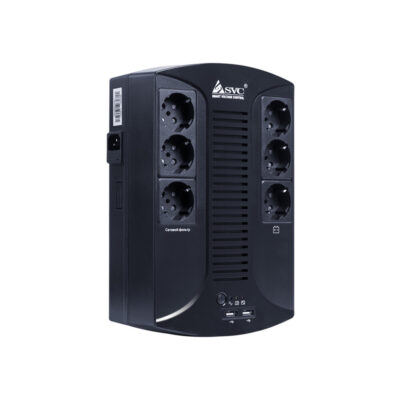 Источник бесперебойного питания SVC U-650-L, Smart, USB, Диапазон работы AVR: 145-290В, Бат.: 12В/7 Ач., 6 вых.: Shuko CEE7(3 с работой от батареи, 3 сетевой фильтр), USB 5В/2А*2 шт., Чёрный