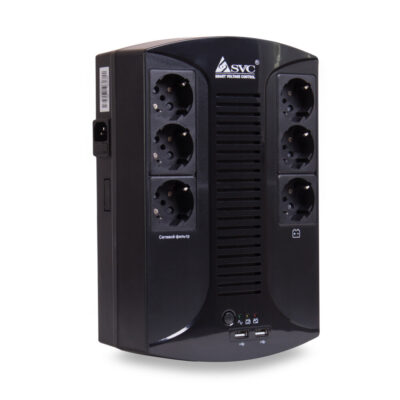 Источник бесперебойного питания SVC U-850-L, Smart, USB, Диапазон работы AVR: 145-290В, Бат.: 12В/8Ач., 6 вых.: Shuko CEE7(3 с работой от батареи, 3 сетевой фильтр), USB 5В/2А*2 шт., Чёрный