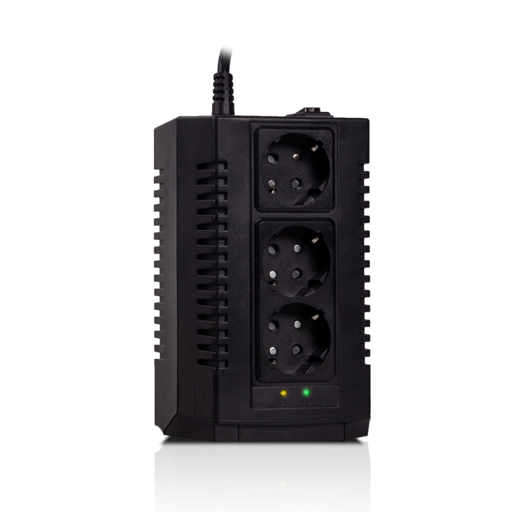 Стабилизатор (AVR) SVC AVR-600-S, Мощность 600ВА/300Вт, LED-индикаторы, Диапазон работы AVR: 184-284В, Выходные разъемы: schuko x 3, Чёрный