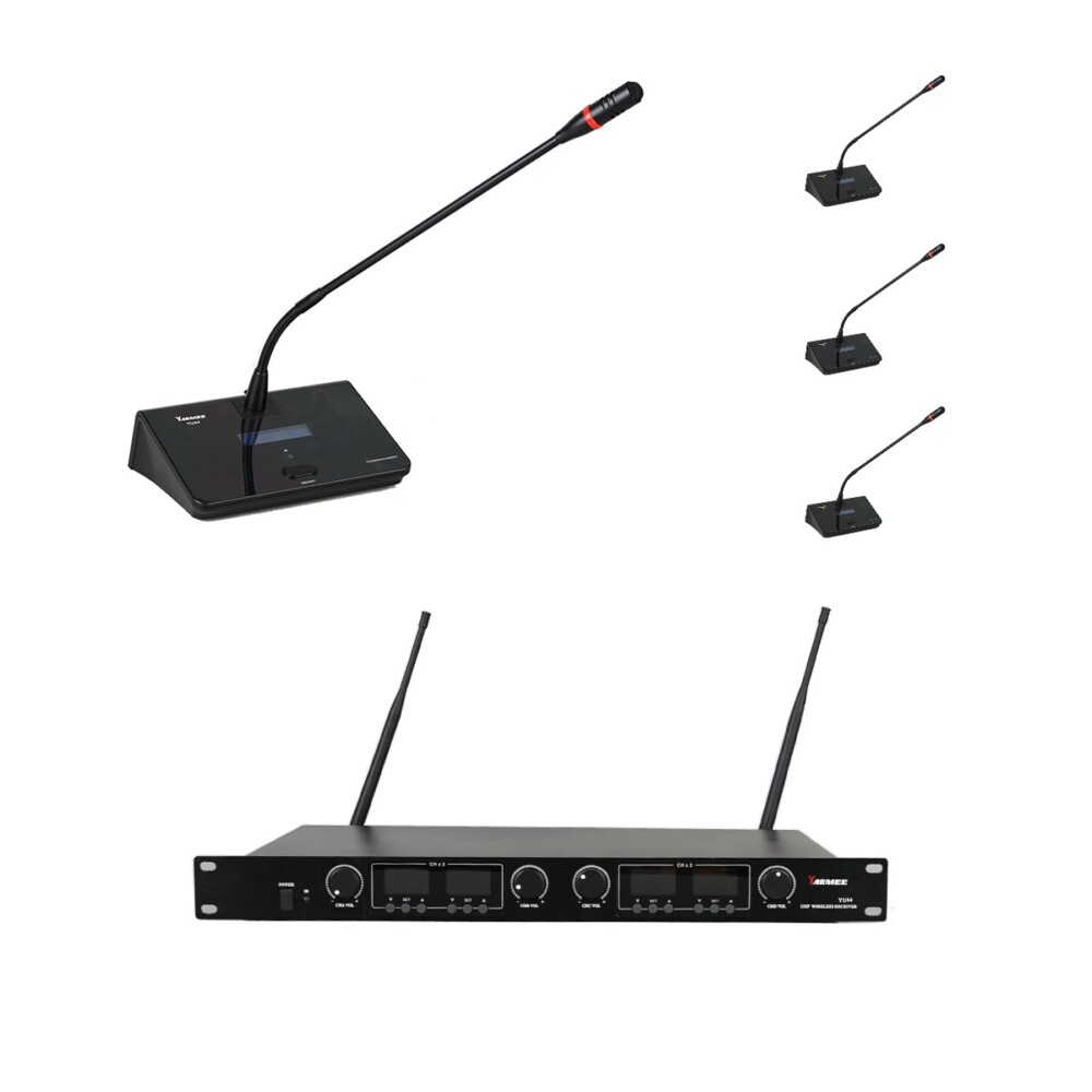 YARMEE YU44 Комплект: 4 беспроводных настольных UHF микрофона и 4-канальный центральный блок; питание: 2*АА; выходы: 1*mix XLR, 1*mix Jack, 4*RCA