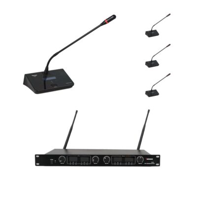 YARMEE YU44 Комплект: 4 беспроводных настольных UHF микрофона и 4-канальный центральный блок; питание: 2*АА; выходы: 1*mix XLR, 1*mix Jack, 4*RCA