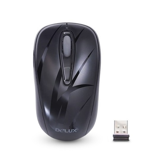 Компьютерная мышь Delux DLM-107OGB, 3D, Оптическая, 1000dpi, Беcпроводная 2.4ГГц, Нано-ресивер, Эффективная дистанция 10 м., Размер: 103,6*58,1*38,1 мм., Чёрный