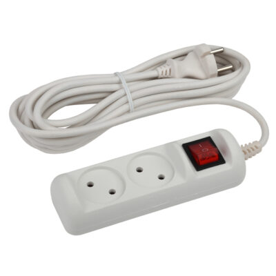 Удлинитель электрический ЭРА U-2s-5m-2x1, 2 розетки, 5м, ПВС, 2х1мм, 10А без заземления, с выключателем