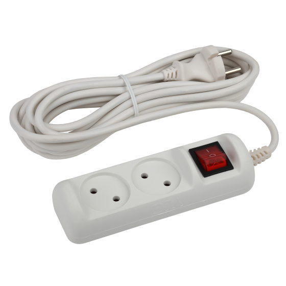 Удлинитель электрический ЭРА U-2s-5m-2x1, 2 розетки, 5м, ПВС, 2х1мм, 10А без заземления, с выключателем