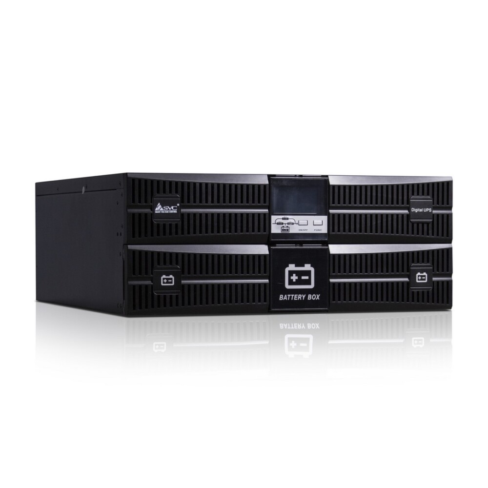 Источник бесперебойного питания SVC RT-2KL-LCD, Мощность 2000ВА/1800Вт, Стоечный 19'' 4U, RT-серия, On-Line, LСD\Tel.line\RS-232, SMART USB, Диапазон работы AVR: 110-288В, Бат.: 12В/7Aч*6шт., Вентилятор: 8см*2шт., 4 вых., Чёрный