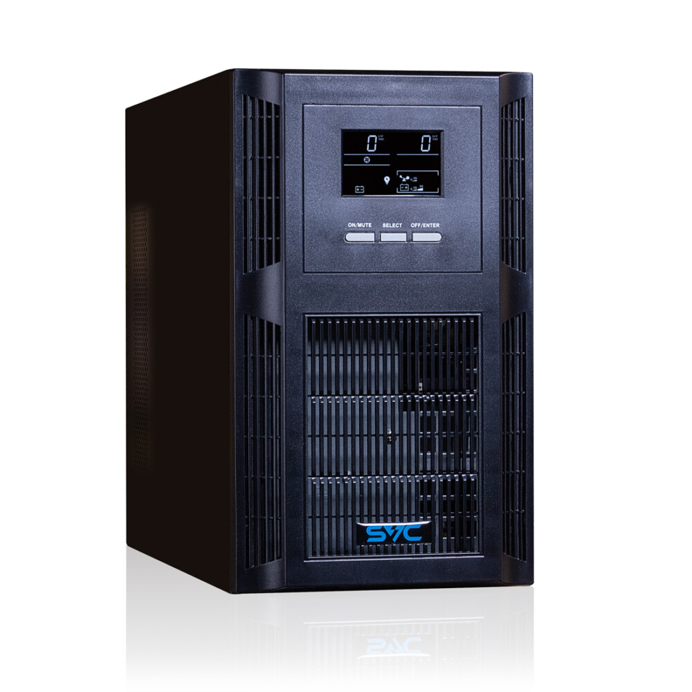 Источник бесперебойного питания SVC PT-3K-LCD, Мощность 3000ВА/3000Вт, PT-серия, On-Line, LCD\USB\RS-232, SMART, Диапазон работы AVR: 115-300В, Бат.: 12В/9Ач*6шт., Вентилятор: 8см*2шт., 3 вых Shuko CEE7+клеммная колодка., Чёрный
