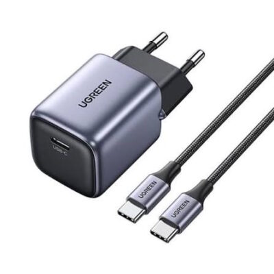 Блок питания UGREEN CD319 25257, 30W, 1 порт Type-C, GaN, быстрая зарядка, кабель Type-C to Type-C 1м, серый